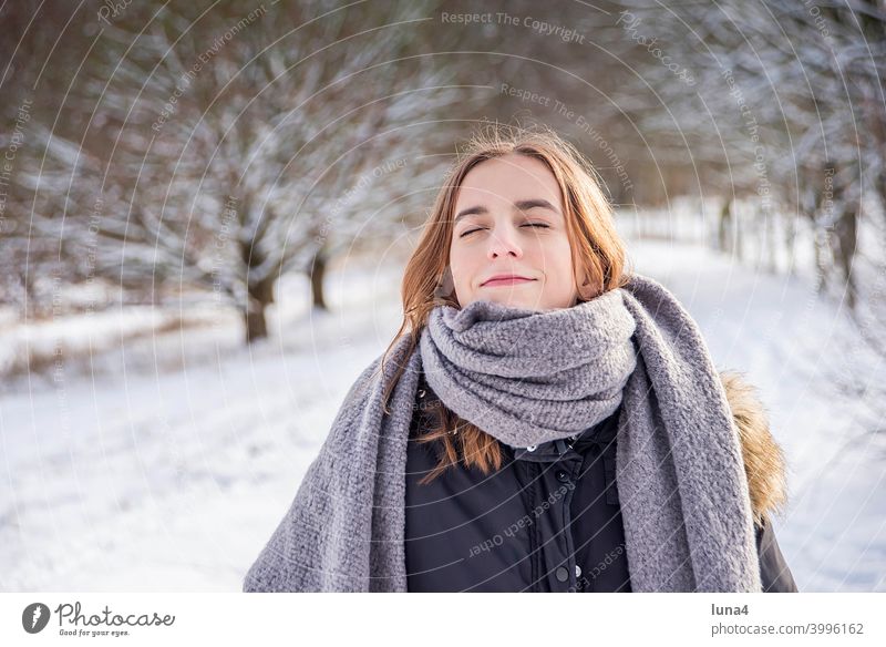 happy girl enjoys sun in winter forest Girl Winter Snow Forest Scarf Winter forest Sun Frost To enjoy sunbathe stroll To go for a walk Cold Tree chill