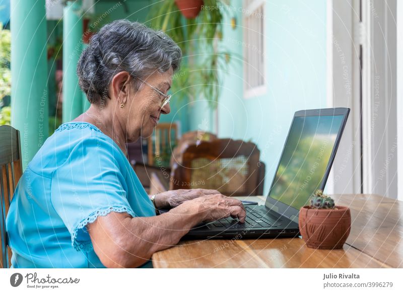 Elderly woman working with a modern laptop sitting retirement adult computer technology indoors old women typing holding communication using computer people