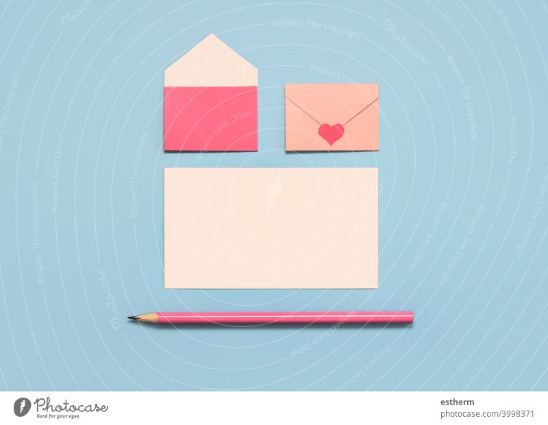 Happy Valentine's Day.Paper envelopes with white card and pink pencil valentine's day love heart valentine background copyspace lovely i love you valentines