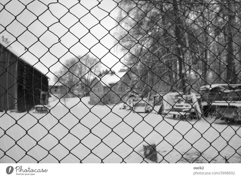 Safely packed Wire netting Wire netting fence Barrier Black & white photo Shallow depth of field Gloomy Deserted Exterior shot cordoned off forsake sb./sth.