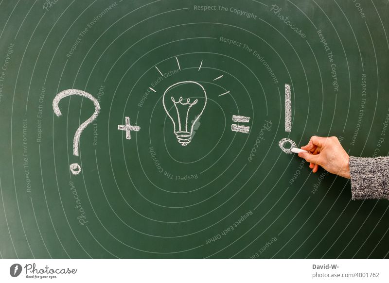 Concept - question / solution / answer presented on a board Success Answer Idea incursion Electric bulb creatively concept Education Blackboard Chalk Drawing