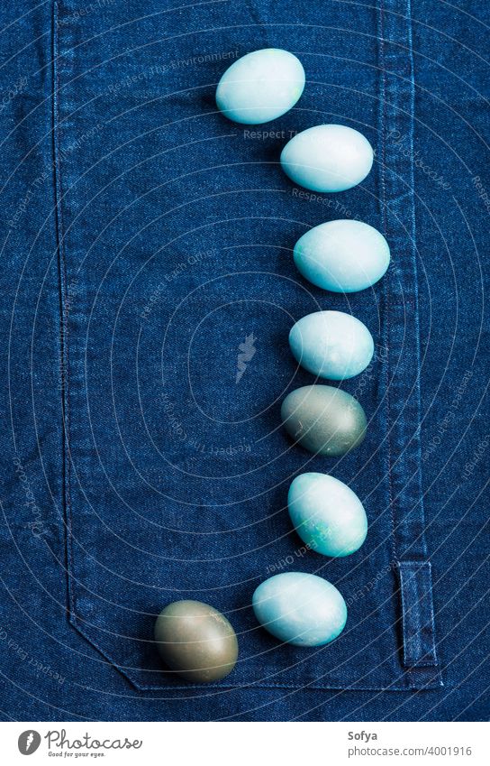 Blue colored easter hard boiled eggs on denim apron bunny blue spring texture pattern dark background fabric design jeans textile indigo funny happy rabbit