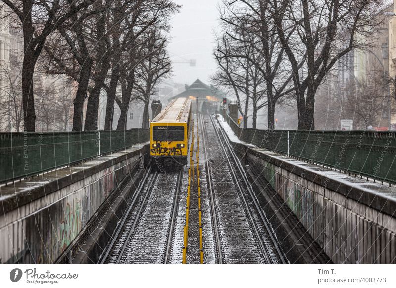 Line U2 Metro Subway Schönhauser Allee Winter Train station subway line Snow Colour photo train Graffiti Exterior shot Downtown Deserted Building