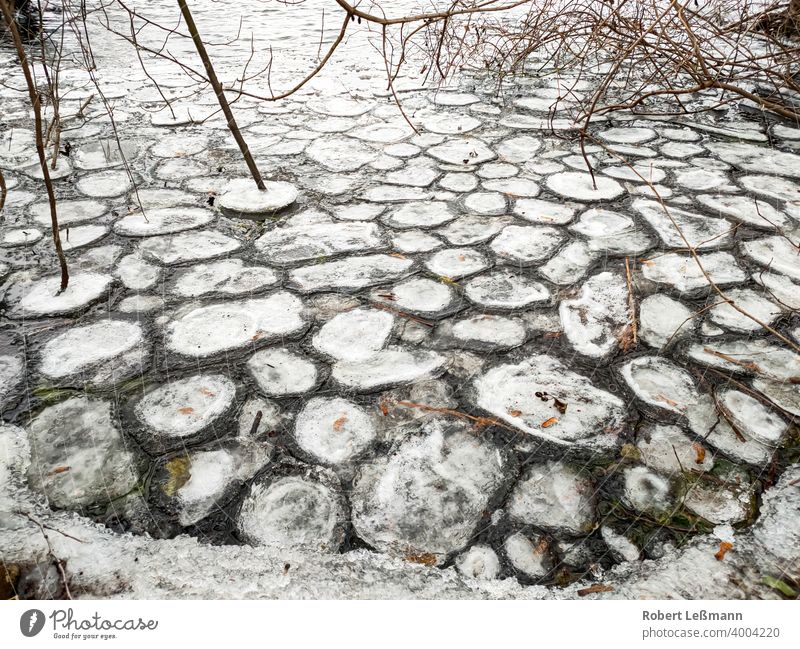 many round ice floes on a lake Frozen Lake Ocean Frost Slice Ice Plaice quick-frozen ice crystals background icily Abstract Winter Snow Water Season Snowflake