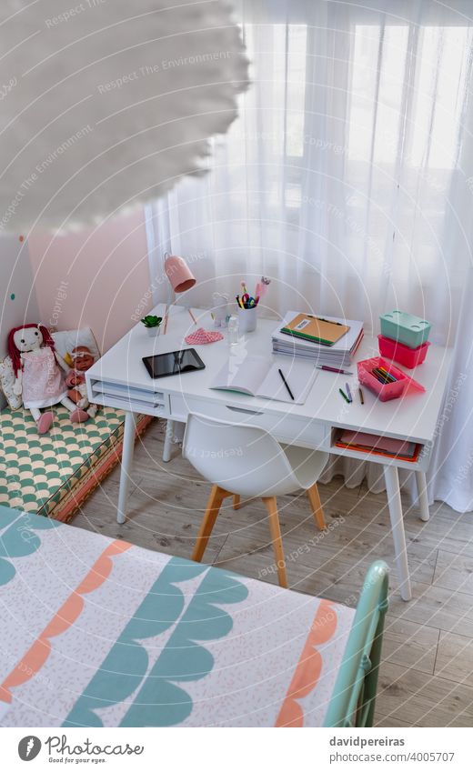 Desk in girl's bedroom decorated in pastel colors girls bedroom top view white desk nordic decoration style sweet nobody mint green pink interior furniture