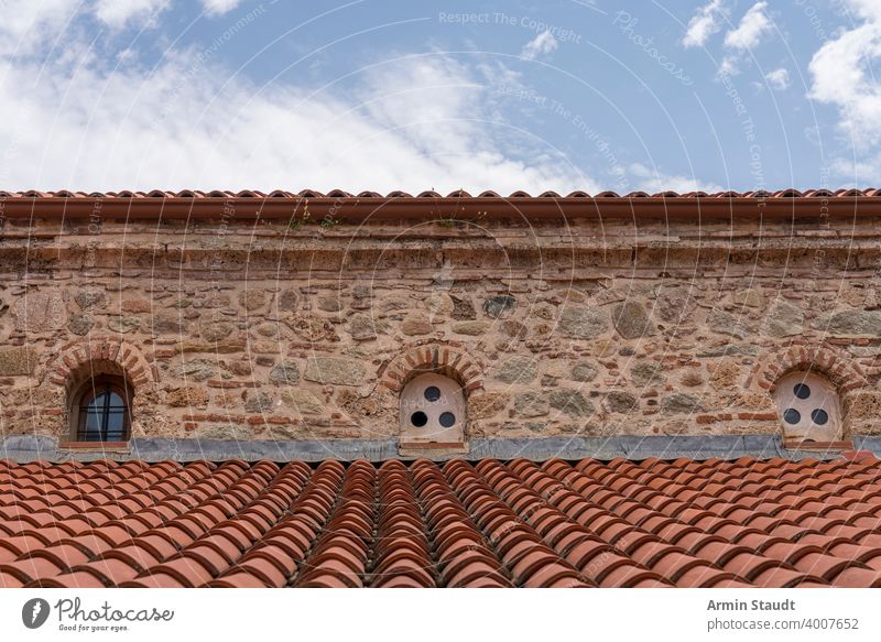the roof of an old monastery, Greece Cloud ancient architecture building chapel church europe facade greece mediterranean natural stone red shingle sky small