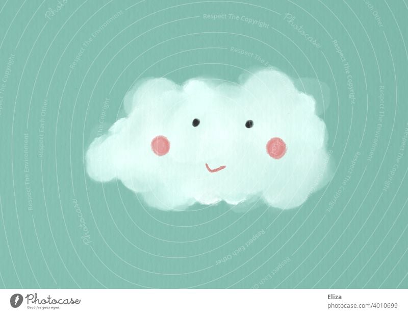 Illustration: Cloud with cute smiling face on turquoise background cloud Face illustration Cute Sky White Blue smilingly kind Painted Drawing Turquoise dreams