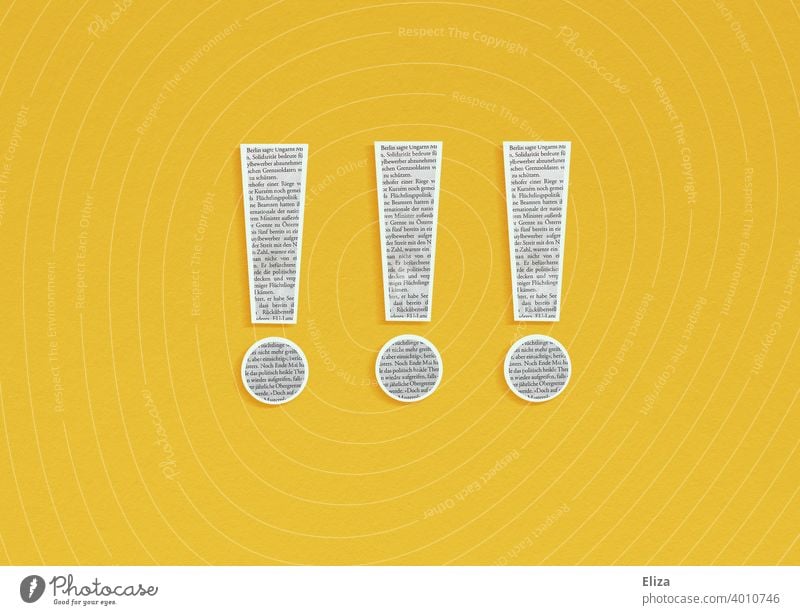 3 exclamation points cut out of newsprint on yellow background. Press and news. Newspaper Exclamation mark Important Journalism Media News & Events Urgent Text