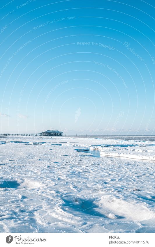 Winter with lots of ice in Sankt Peter-Ording Beach North Sea coast Ocean Loneliness Sun Waves Sand Water Cold Sky Blue Low tide Far-off places Horizon