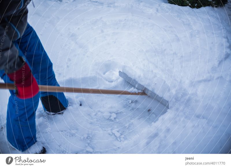 Snow shovel at work snow shovel Winter Cold White Ice Frost Frozen Snowstorm snow flurries Working man Hand Force Effort Freeze Nature Human being person Help