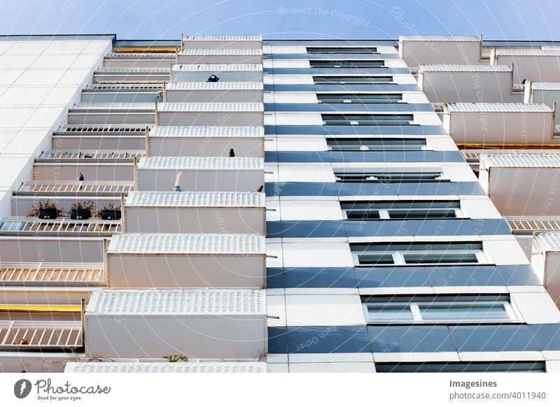 Facade of high-rise city apartments. Municipal apartment complex. multi-storey residential building. Apartment building, old architecture, residential building. Germany, Mainz, Rhineland-Palatinate