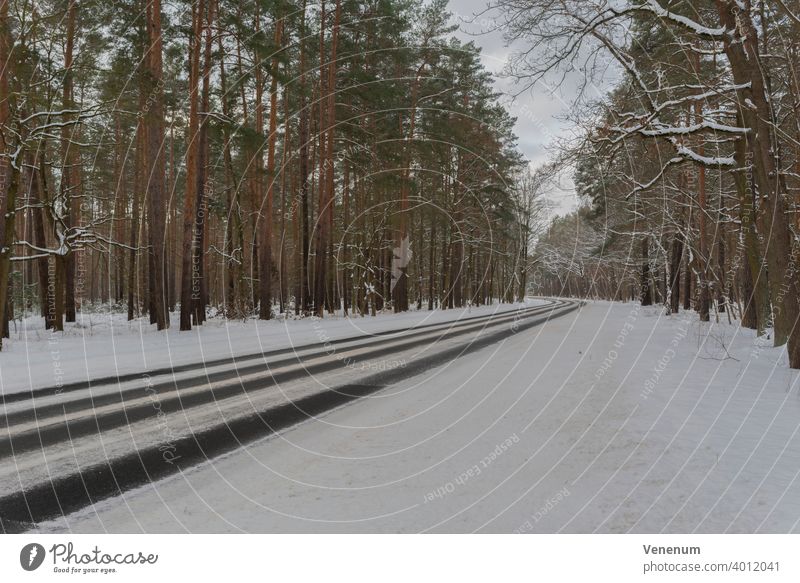 Germany , Land Brandenburg , February 10, 2021 , Teltow Fläming County,Gottower Chaussee K7222 between the town of Luckenwalde and the village of Gottow,Country road in winter with snow