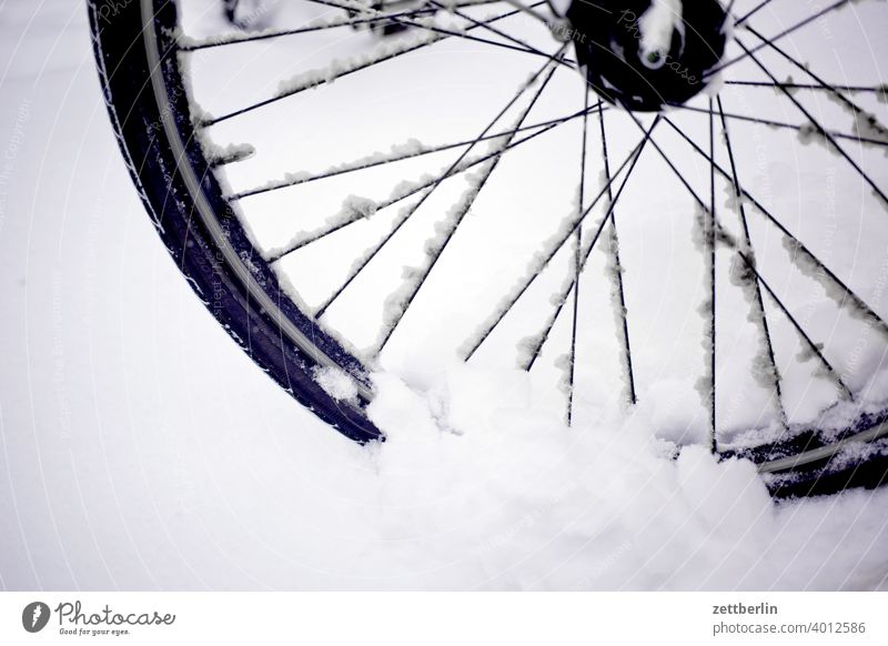 Front wheel in snow Snow Virgin snow Snowfall Winter winter holidays Wheel Bicycle Spokes Wheel rim winter tyres handicap smooth peril Dangerous