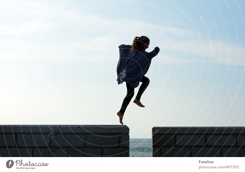 jump Human being Feminine Child Girl Infancy Body Head Arm Legs Feet 1 Sky Clouds Athletic Free Happy Infinity Thin Black Jump Running sports Happiness