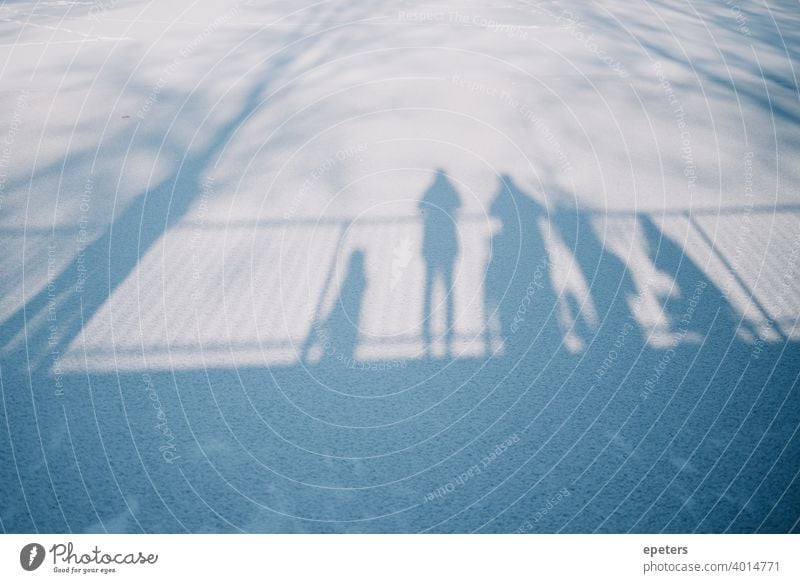 Shadows of several people standing on a bridge looking at a frozen lake Steilshoop Blue Exterior shot Colour photo Town Day Gloomy Hamburg Lake Frozen
