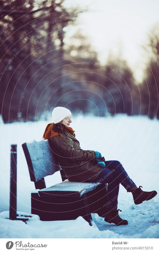 winter and snow - woman sitting on a bench in cold weather Winter Snow onset of winter Bench Sit Woman Weather pretty To enjoy Winter's day Winter mood Cold