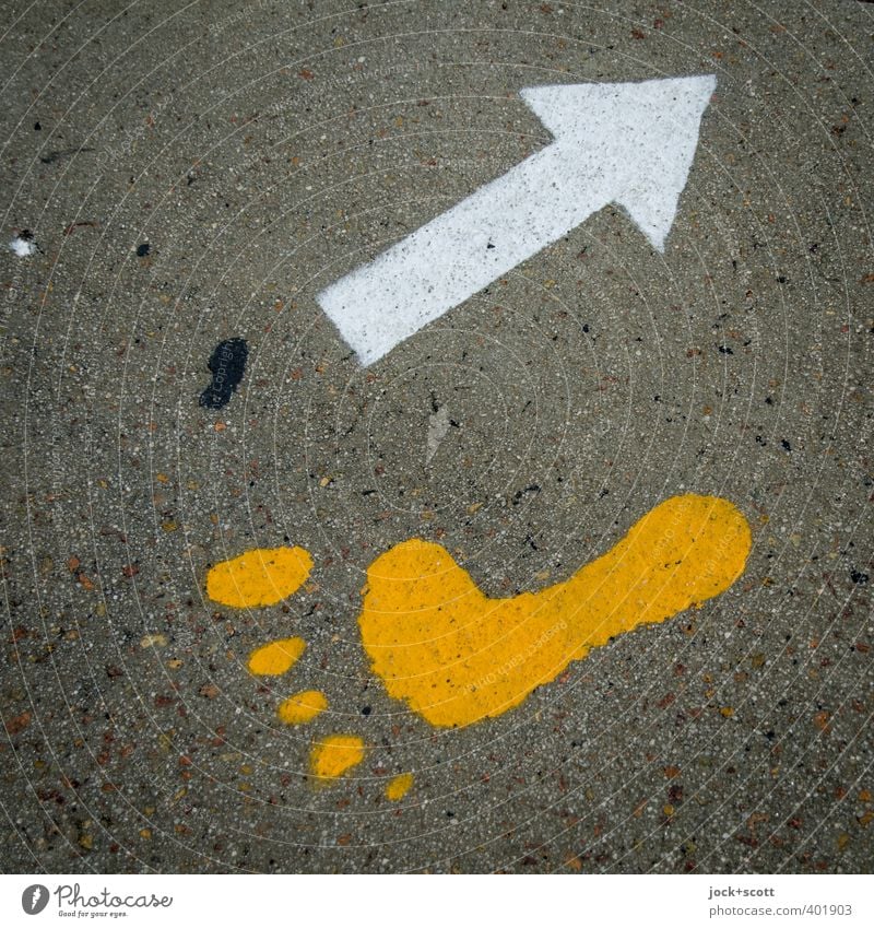 ... and barefoot back Sign Signs and labeling Arrow Going Simple Yellow Humanity Joie de vivre (Vitality) Ease Change Imprint Barefoot Pictogram Street art