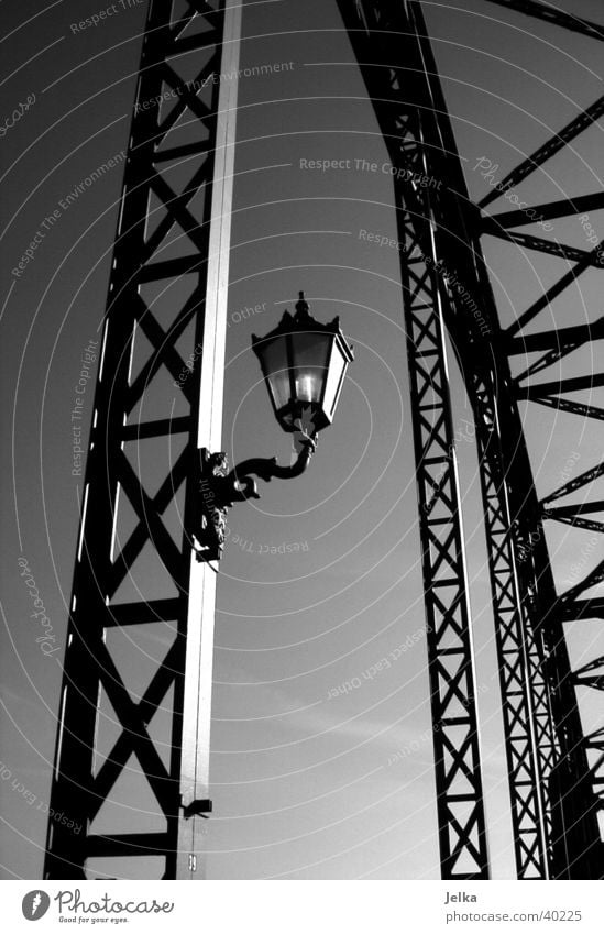 Old Elbe Bridge Lamp Harburg Germany Europe Elegant Süderelbe Wilhelmsburg Lantern Bridge pier Bridge railing bridge scaffolding Black & white photo