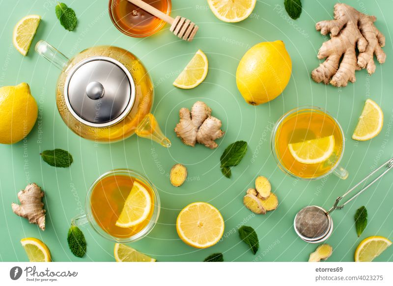 Ginger tea with lemon and honey aroma asian beverage citrus cup delicious drink flavor fresh fruit ginger glass green healthy hot ingredient organic pattern