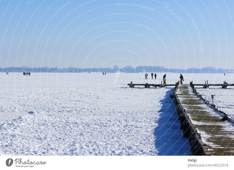 frozen lake with snow, wooden jetty and people standing and walking on the ice Winter Ice Snow chill Freeze Lake Dümmer See Footbridge wooden walkway wide Light
