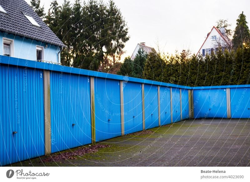 Always along the wall 3 Blue Corrugated sheet iron garages Garage row Deserted Exterior shot