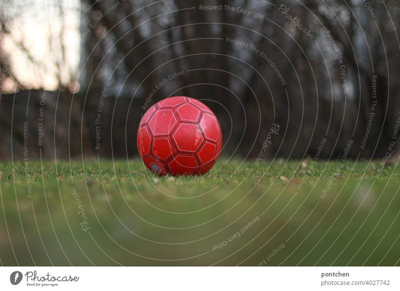 a red football lies on a green meadow. recreational sport Foot ball Red Lie Sports Ball Meadow Team Sports Children's game Leisure and hobbies Ball sports