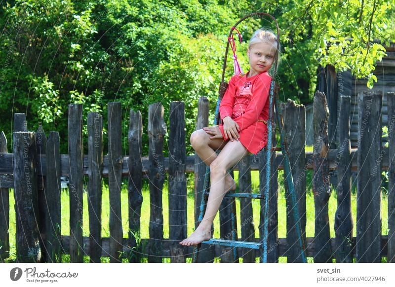 Barefoot Summer in the Village. Portrait of a little girl with blond hair in a red dress sitting on a stepladder in the countryside against the background of an old wooden fence and green foliage on a sunny summer day.