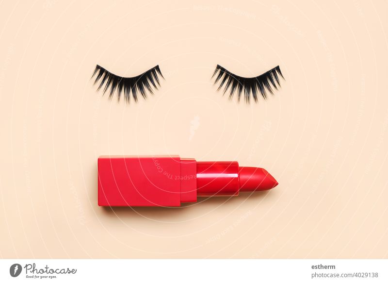 False eyelashes and red lipstick.Beauty and makeup concept false eyelashes people eyebrows brush nail object curve eyes facial pair accessory color background