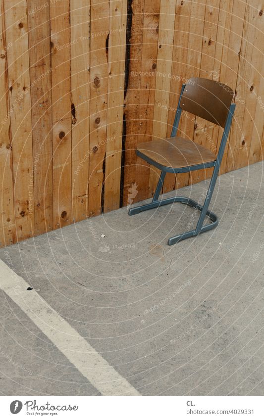 chair Chair Empty Wood Seating Loneliness on one's own Gloomy Wooden wall Places Break Wait 1 Brown Gray Deserted Exterior shot Calm Offside Free
