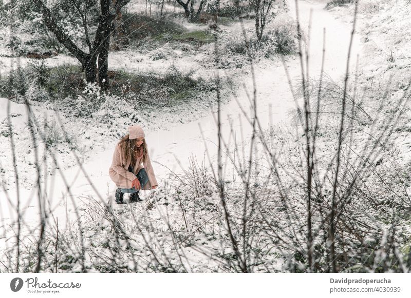 Woman Winter Hiking in Snowy Track Stock Photo - Image of outfit, female:  35525752