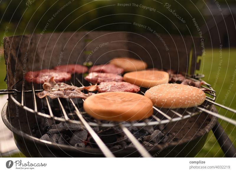 Hamburger Patty & Buns on a Grill Barbecue area grilled meat BBQ season barbecue. charcoal Detail Charcoal (cooking) Spring Panorama (Format) Panorama (View)
