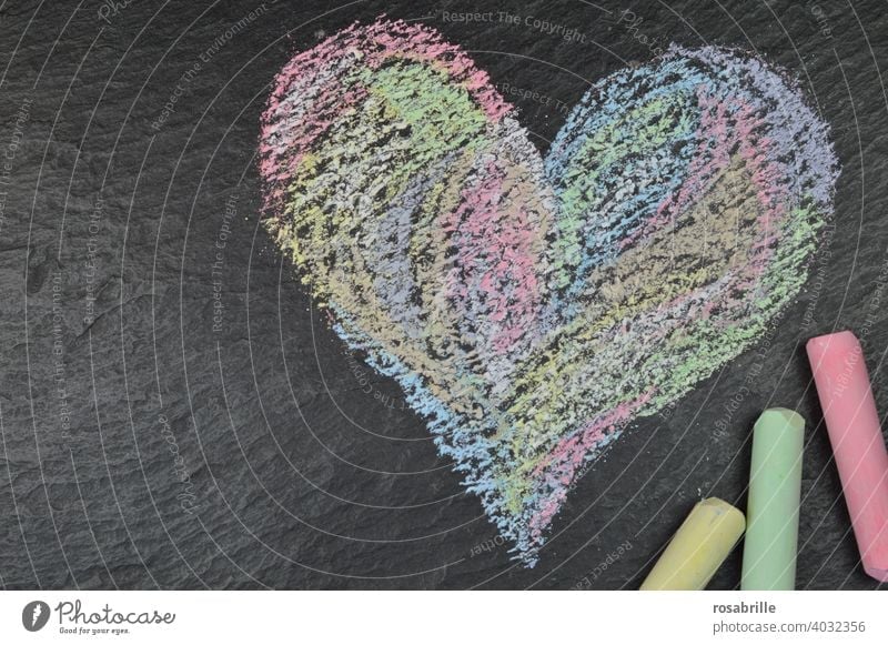 green, yellow, red | crayon and a painted heart on black slate Heart Chalk Chalk Heart Love Painting (action, artwork) Child Childlike oneself variegated Slate