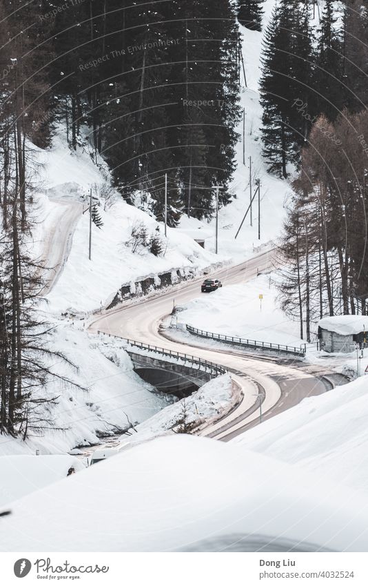Winter, snow, forest, road in Switzerland tree black white car