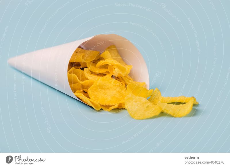 Paper cone with tasty potato crunchy chip potato chip meal crisps nutritious nutrient vegetable vegan eating lifestyle roasted healthy nobody calories nutrition