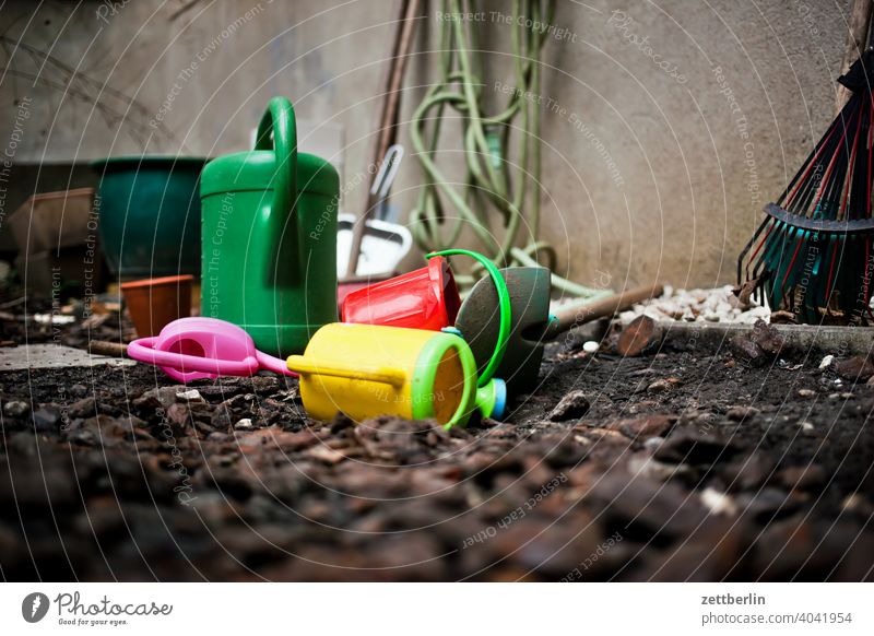 garden tools holidays Garden allotment Garden allotments Deserted Nature Plant tranquillity Garden plot Copy Space Depth of field Winter can Watering can Hose