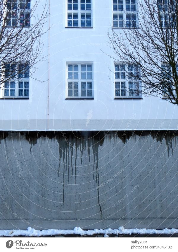 thawed Winter Thaw Concrete wall Wall (building) Wall (barrier) Bad weather Gray Gloomy Wet Snow grey in grey wet Weather Cold Building Architecture Facade