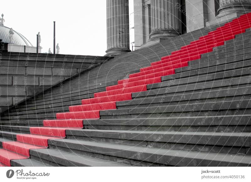 red carpet for the staircase Culture Red carpet Stairs Reliability Honor Success Lanes & trails Pecking order Structures and shapes Neutral Background
