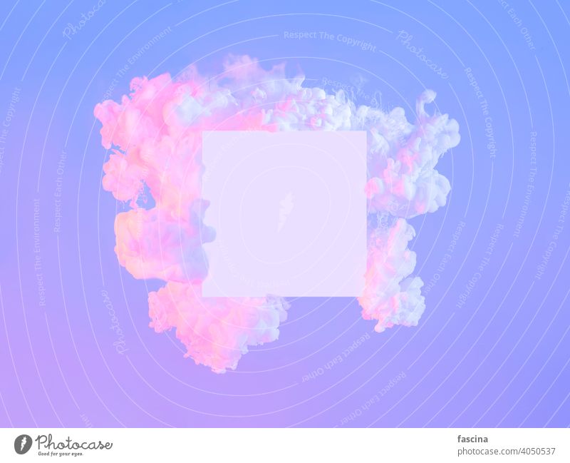 White square in neon clouds, copy space. Abstract violet pink purple frame white creative empty abstract background cyberpunk fluorescent trendy technology