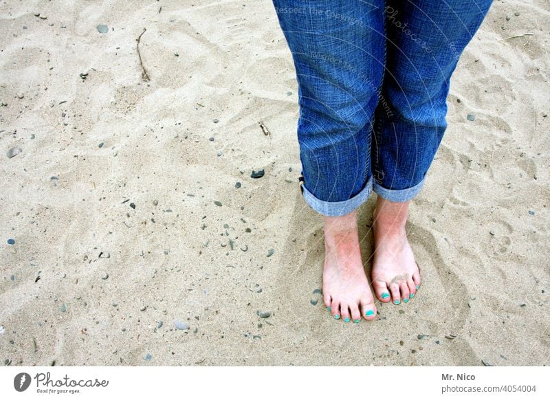 barefoot on the beach Legs Barefoot Feet Toes Woman Skin Feminine Nail polish Varnished Toenail Summer Relaxation feet Vacation & Travel Beach Sand Jeans Stand