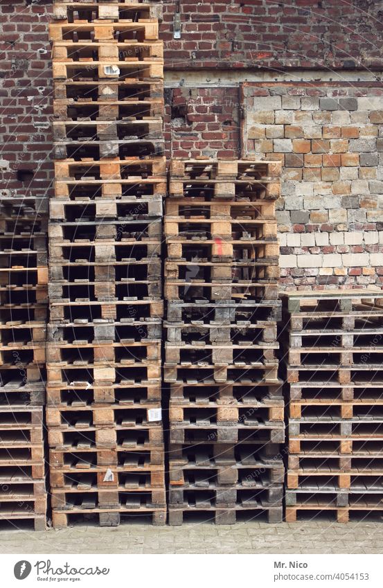 Pallet stacks Palett Wood Logistics Stack Storage Warehouse Delivery Stock of merchandise Trade Depot Work and employment Workplace Hall Shipping pallet stacks