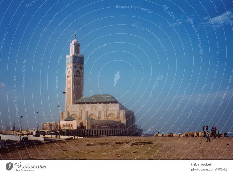 Casablanca002 Morocco Beach Mosque Moral Blue sky little clouds Human being Street