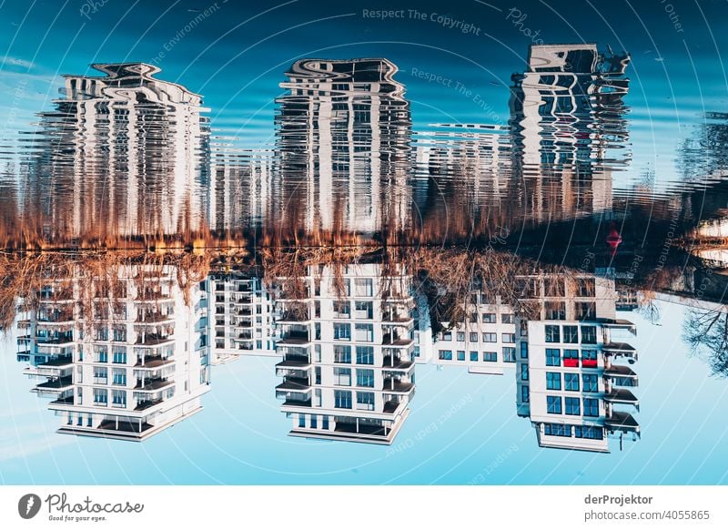Residential buildings mirrored in the Spree river touristic Multicoloured Copy Space middle Reflection Manmade structures Capital city Architecture City life