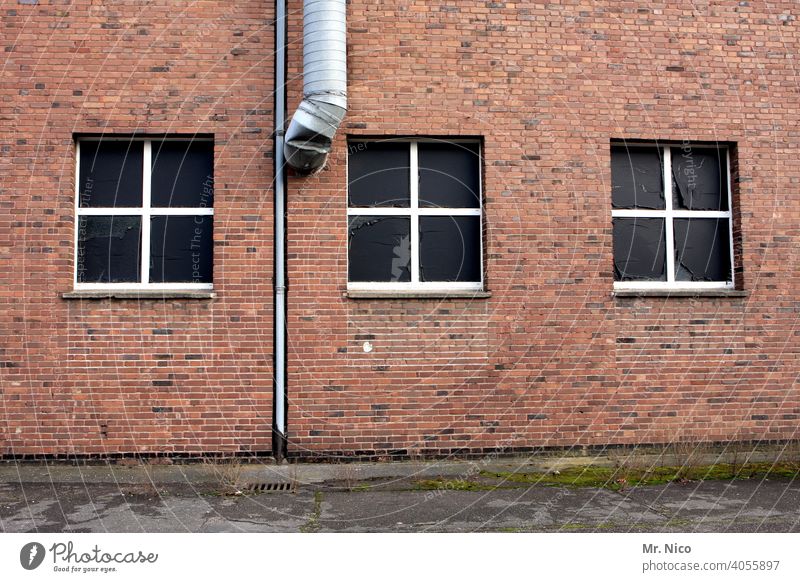 three windows , two pipes Facade Building House (Residential Structure) Window Architecture Downspout ventilation pipe Glittering Parallel Outlet air reeds