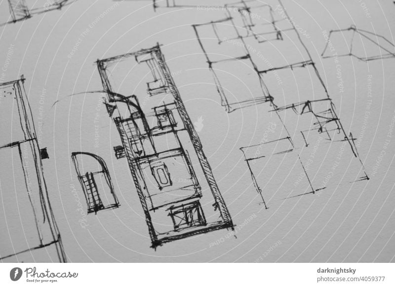 Architectural drawing as a sketch for a preliminary design in ink on paper Drawing Build Planning bulking Conceptual design planning details Study or Survey