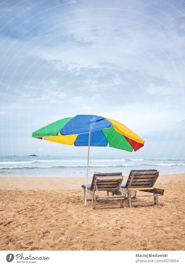 Umbrella with two sunbeds on an empty tropical beach, Sri Lanka. vacation umbrella getaway relax peaceful chair lounger sky water no people nature seascape