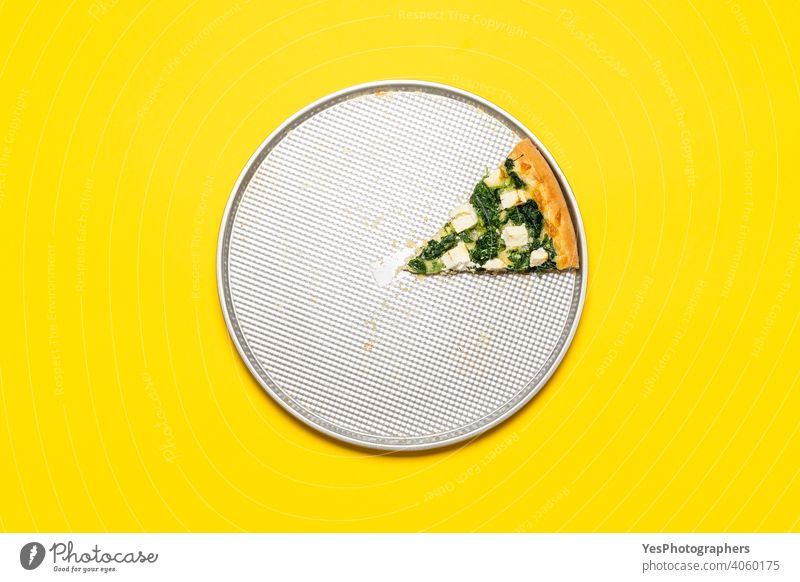 Slice of vegetarian pizza on a tray, top view on a yellow background. above view baked chart cheese crust cuisine cut out delicious dinner eating fast food feta