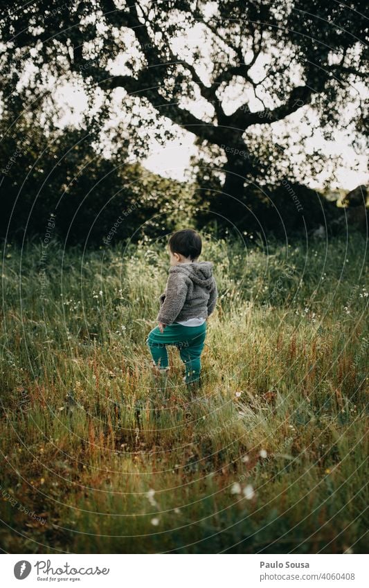 Child walking in the field Nature Natural explore 1 - 3 years Caucasian Rear view Forest Field Spring Spring fever Environment Multicoloured Cute Authentic