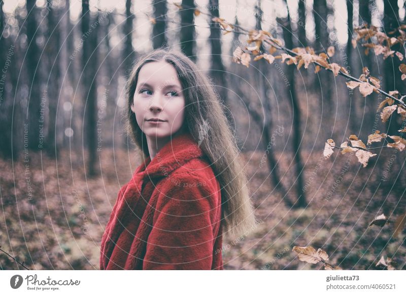 Portrait of long haired teen girl with red fur jacket in autumn forest Youth (Young adults) 13 - 18 years Long-haired Puberty Girl Young woman naturally pretty