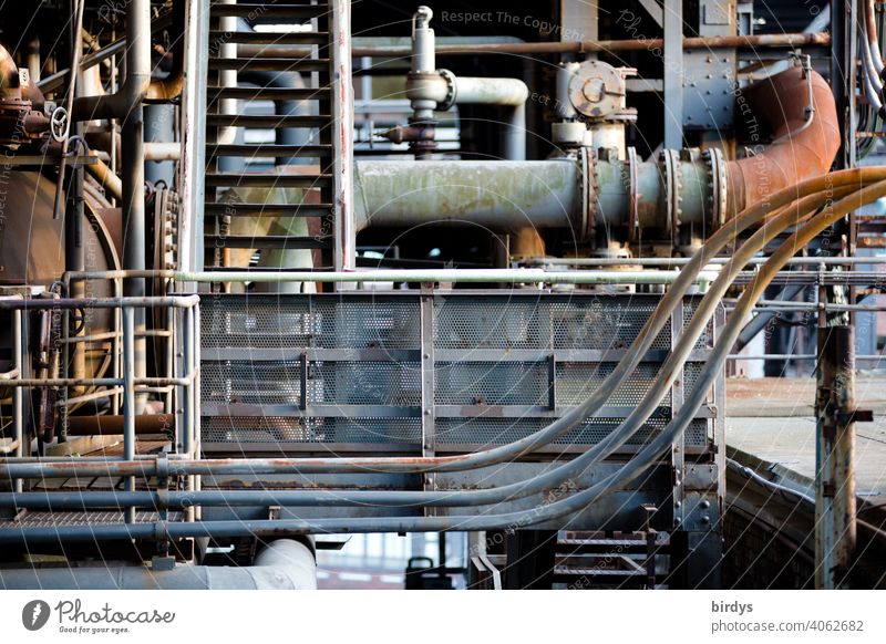 Steel plant, colliery , old pipelines and steel constructions in a colliery. Steel extraction Steel factory Mine Industry Industrial heritage Steel production