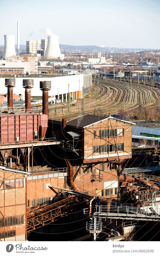 Steelworks, colliery, industrial monument Völklinger Hütte, in the background railway tracks and the power station Fenne Steel factory Mine Blast Furnaces